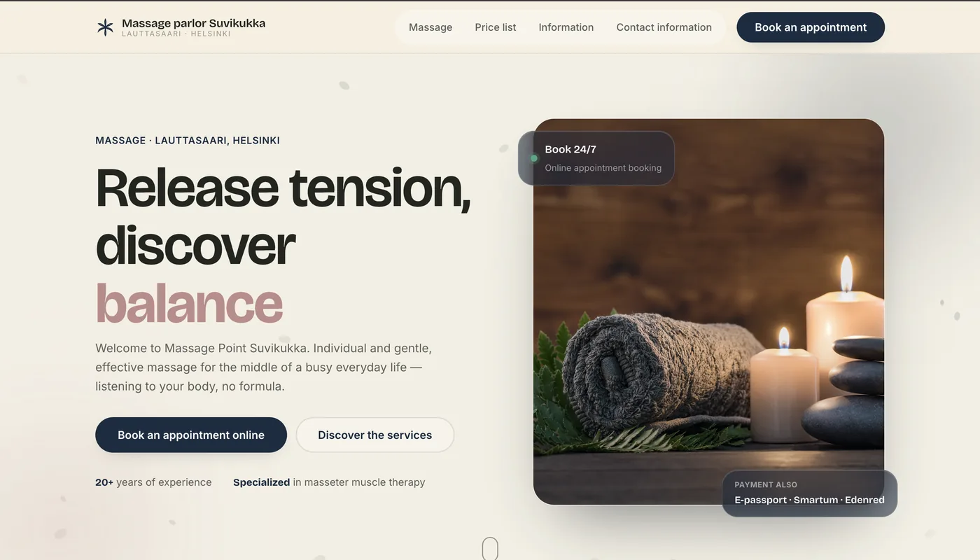 The rebuilt site: editorial layout, warm palette, booking on the surface.